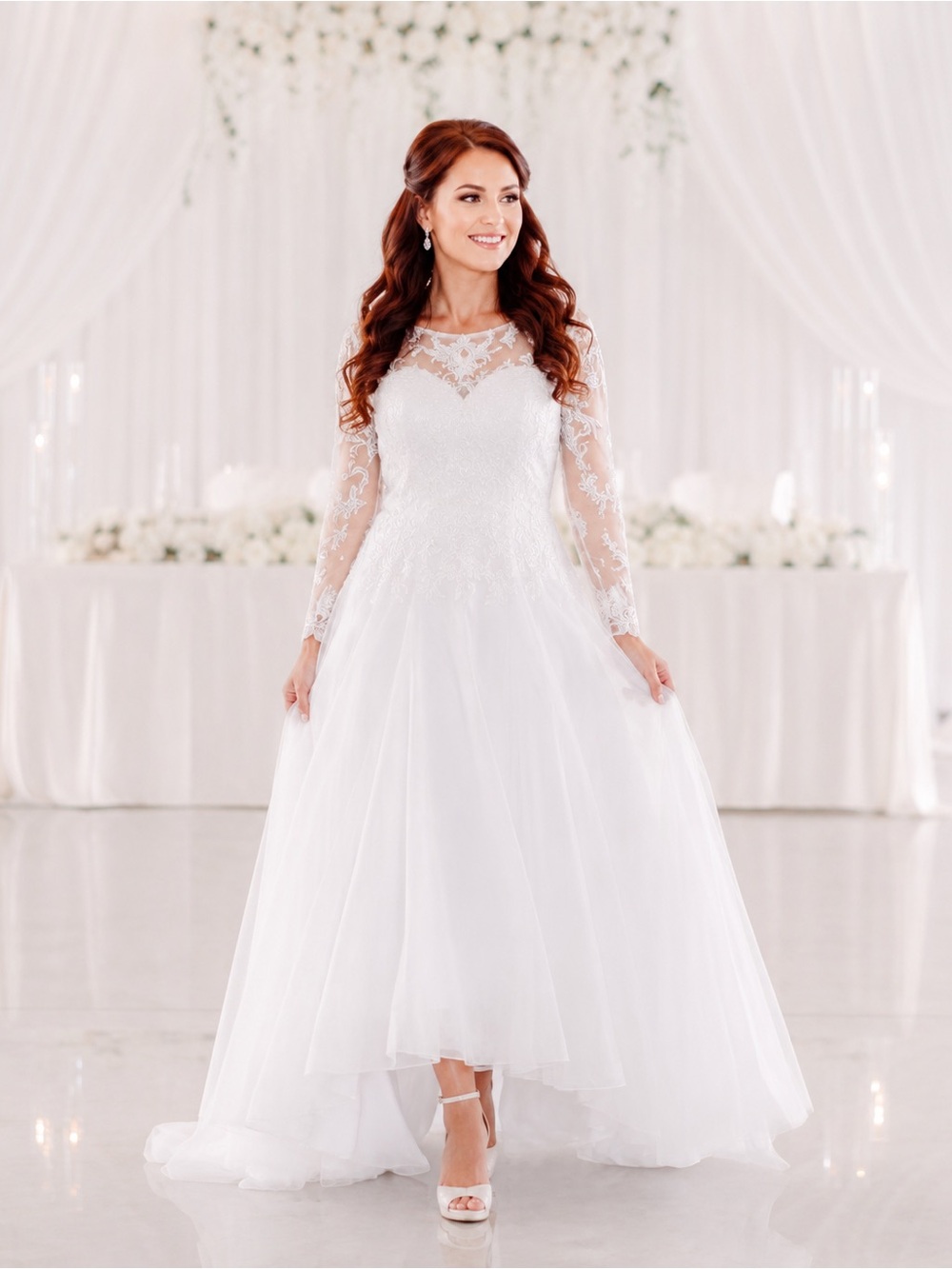 JJs House White Lace Illusion-Back A-Line Wedding Dress